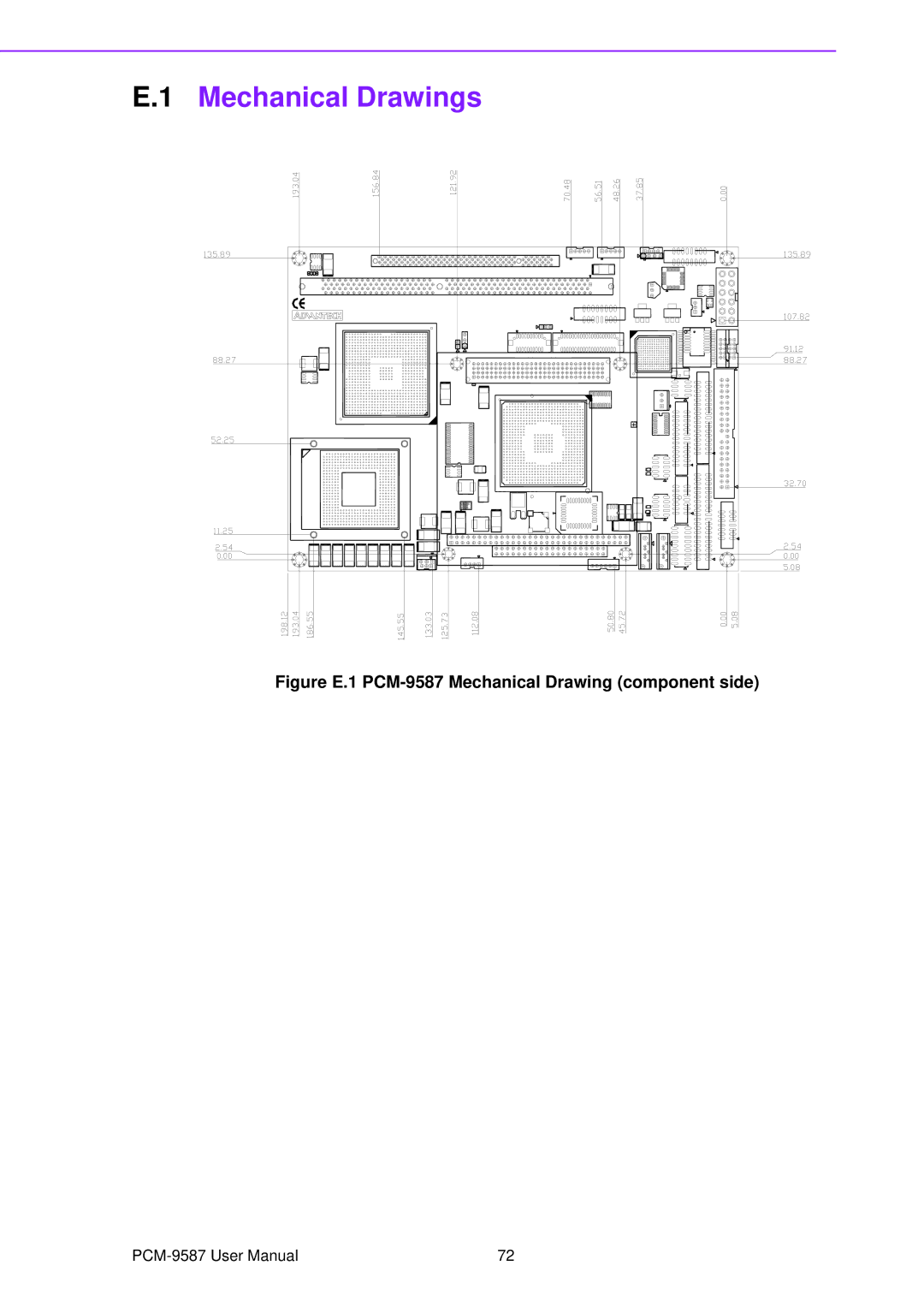 Advantech user manual Mechanical Drawings, Figure E.1 PCM-9587 Mechanical Drawing component side 