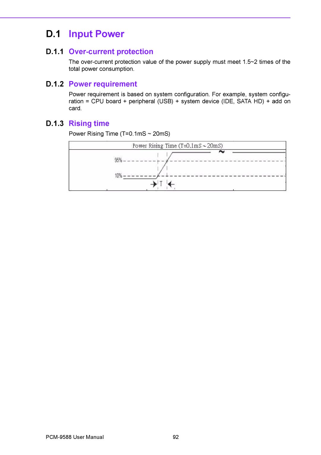 Advantech PCM-9588 user manual Input Power, Over-current protection, Power requirement, Rising time 