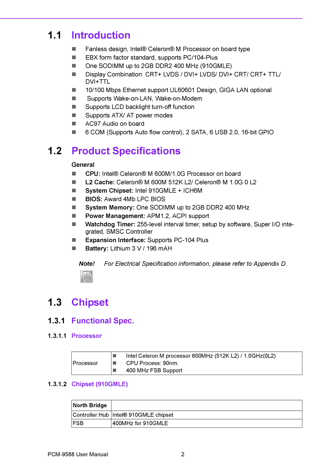 Advantech PCM-9588 user manual Introduction, Product Specifications, Chipset, Functional Spec 