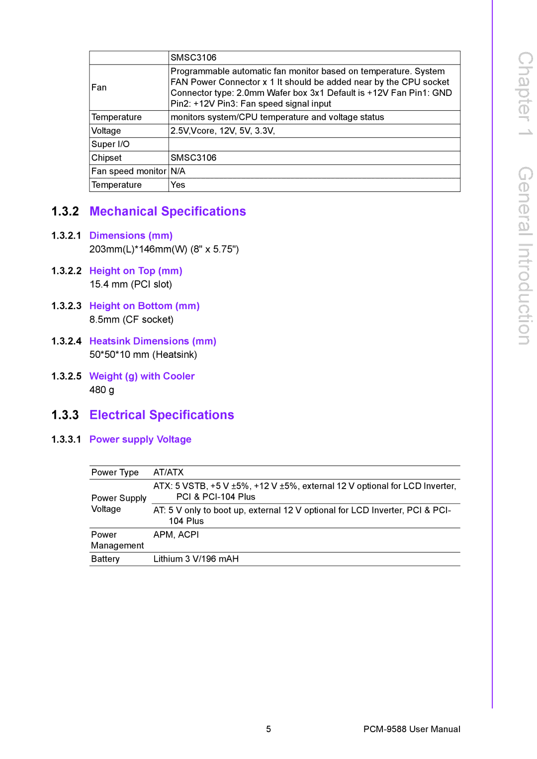 Advantech PCM-9588 Mechanical Specifications, Electrical Specifications, Height on Top mm, Weight g with Cooler 480 g 