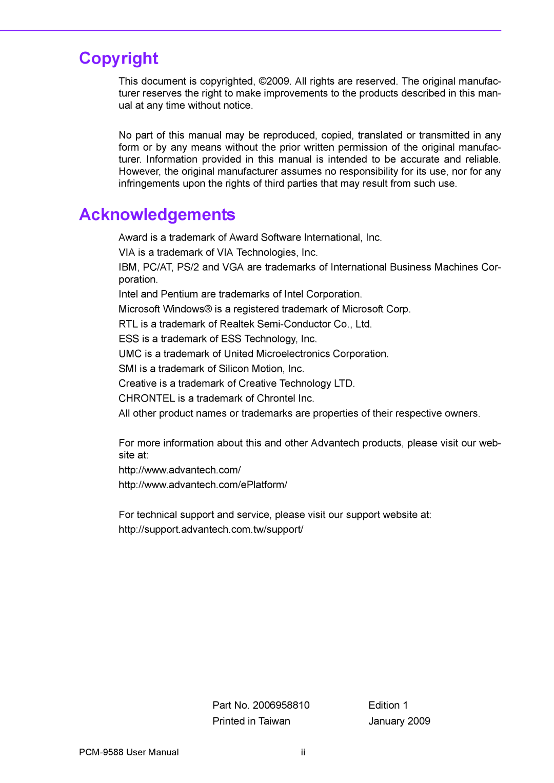 Advantech PCM-9588 user manual Copyright, Acknowledgements 