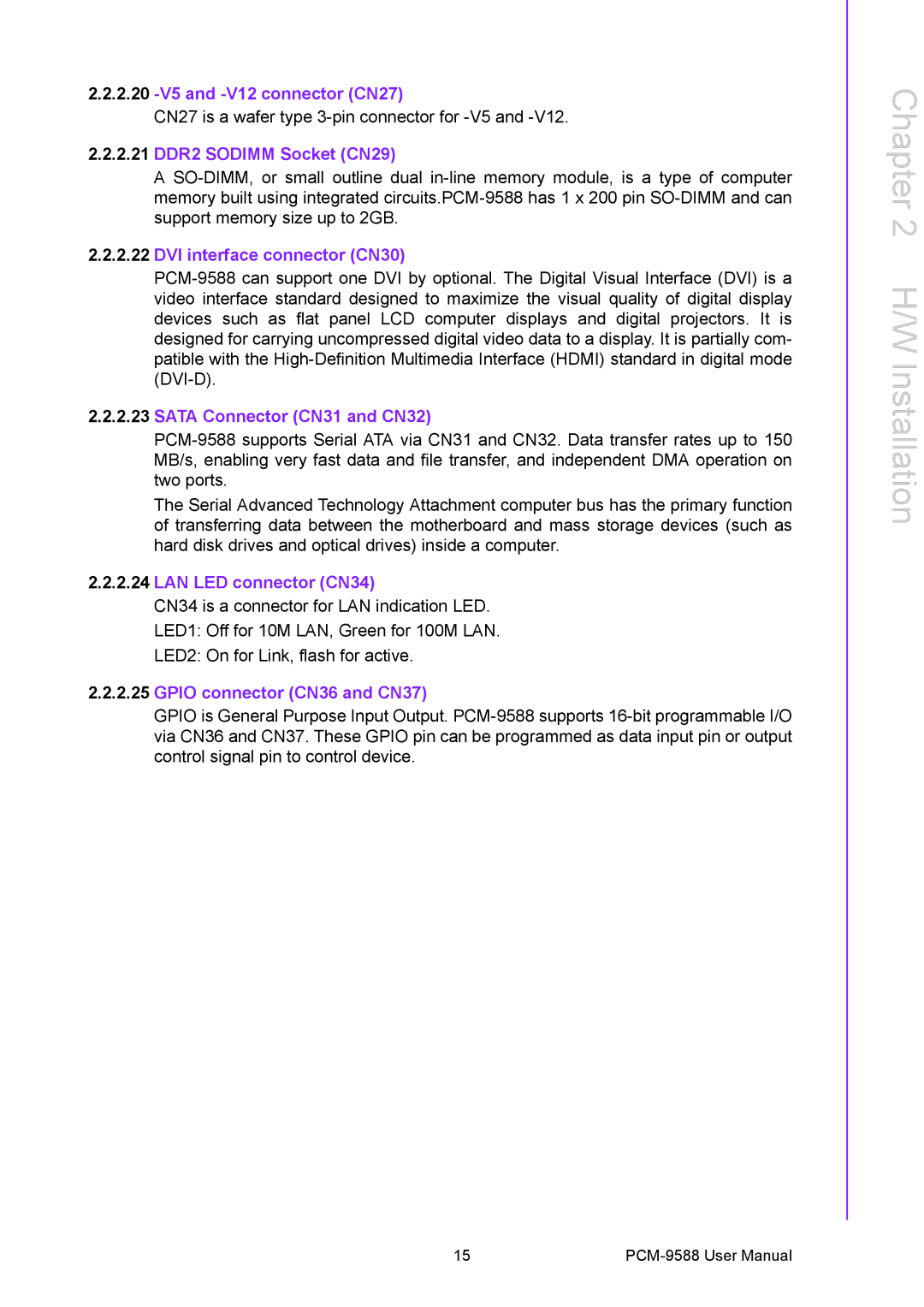 Advantech PCM-9588 user manual 2.20 -V5 and -V12 connector CN27, 2.21 DDR2 Sodimm Socket CN29, DVI interface connector CN30 