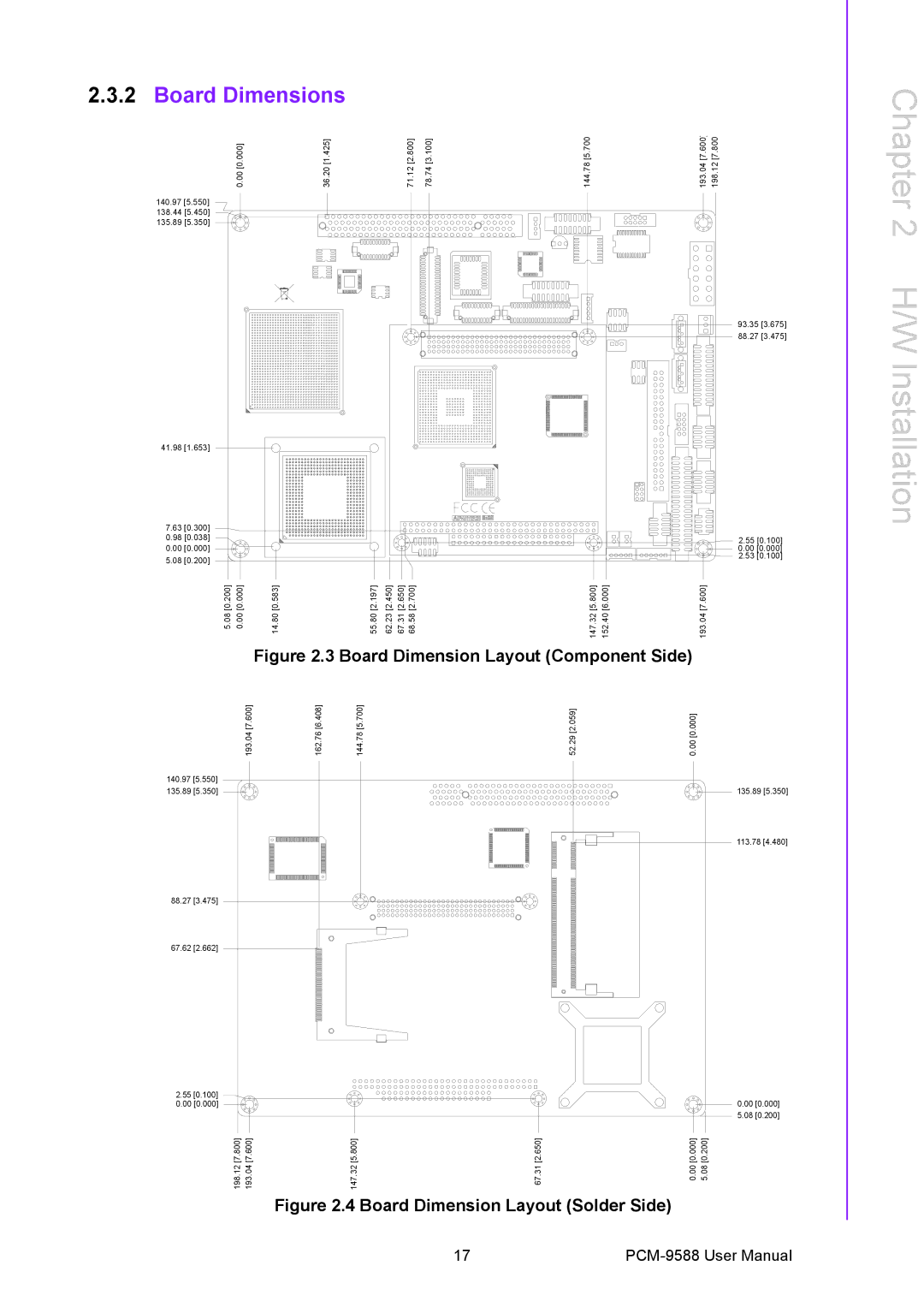 Advantech PCM-9588 user manual Board Dimensions, Board Dimension Layout Component Side 