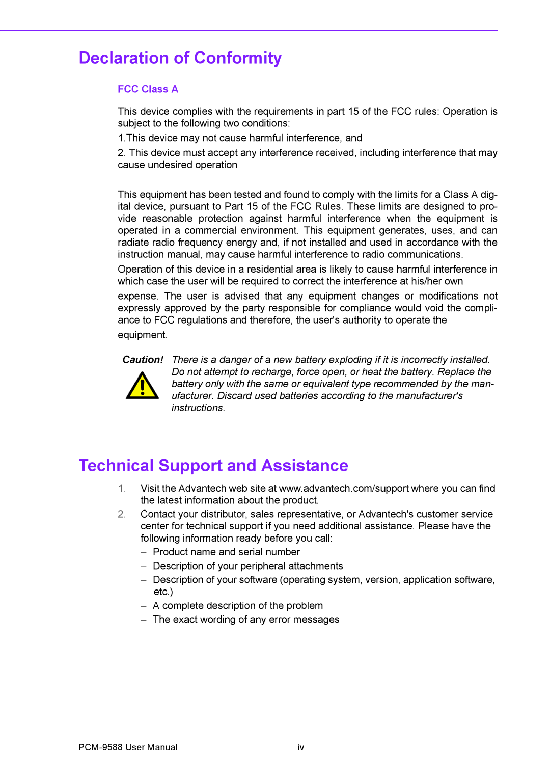 Advantech PCM-9588 user manual Declaration of Conformity, Technical Support and Assistance, FCC Class a 