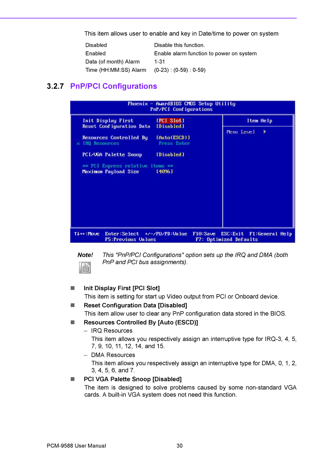 Advantech PCM-9588 user manual 7 PnP/PCI Configurations, Init Display First PCI Slot, Reset Configuration Data Disabled 