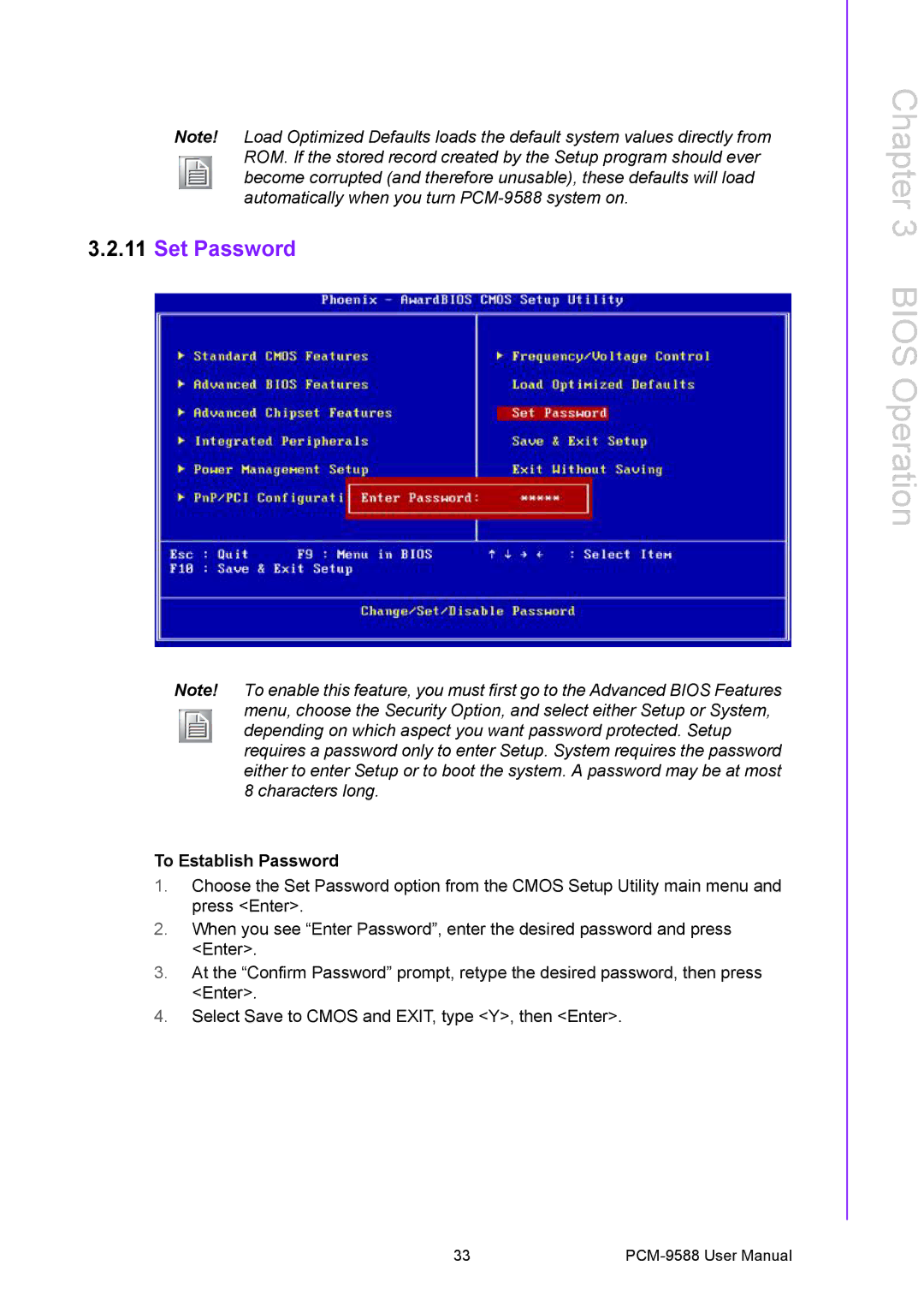 Advantech PCM-9588 user manual Set Password, To Establish Password 