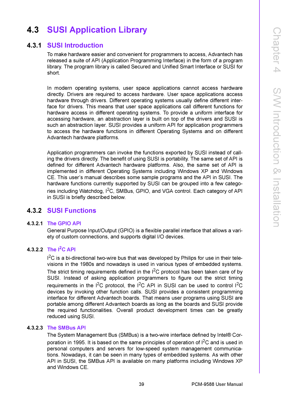 Advantech PCM-9588 user manual Susi Application Library, Susi Introduction, Susi Functions 