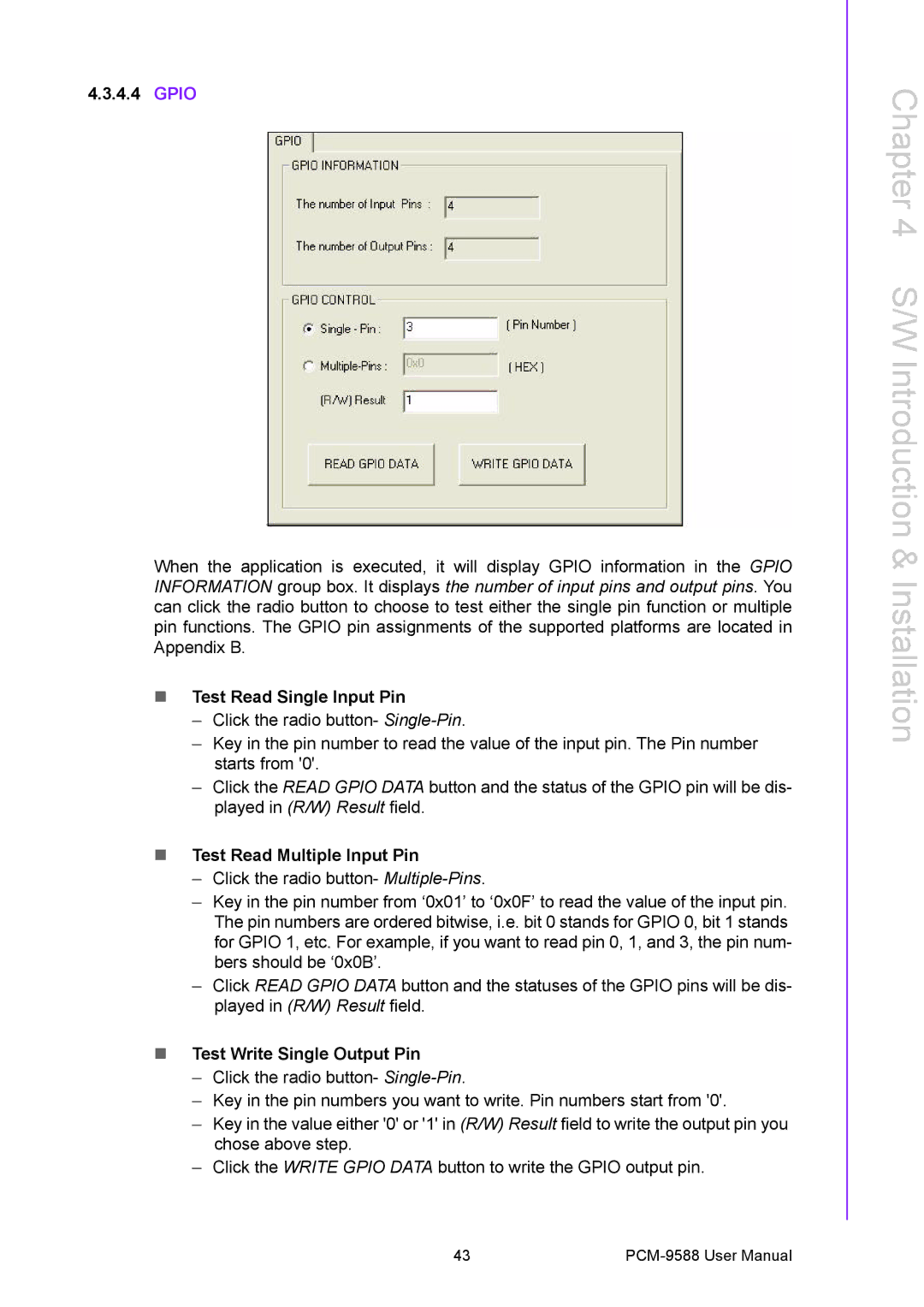 Advantech PCM-9588 user manual Gpio, Test Read Single Input Pin, Test Read Multiple Input Pin, Test Write Single Output Pin 