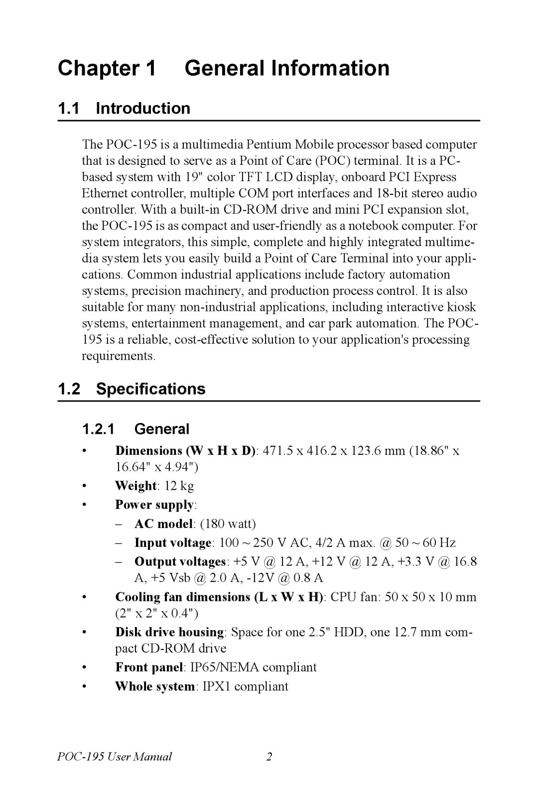 Advantech POC-195 user manual Introduction, Specifications, General 