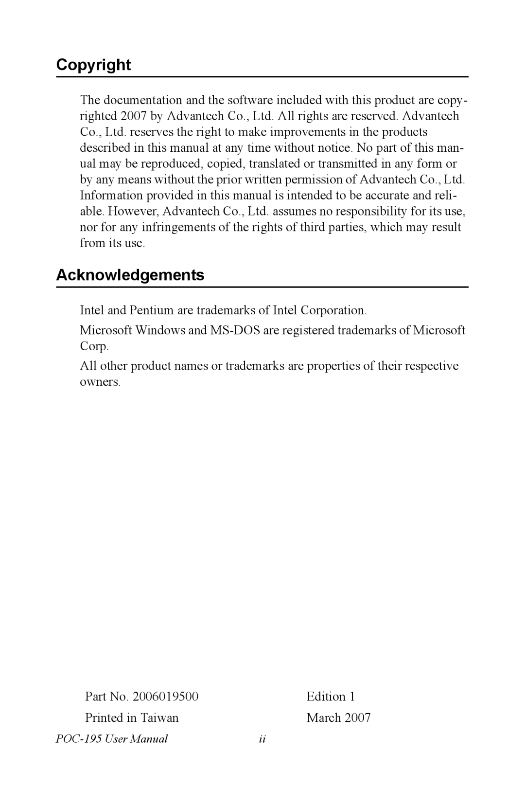 Advantech POC-195 user manual Copyright Acknowledgements 