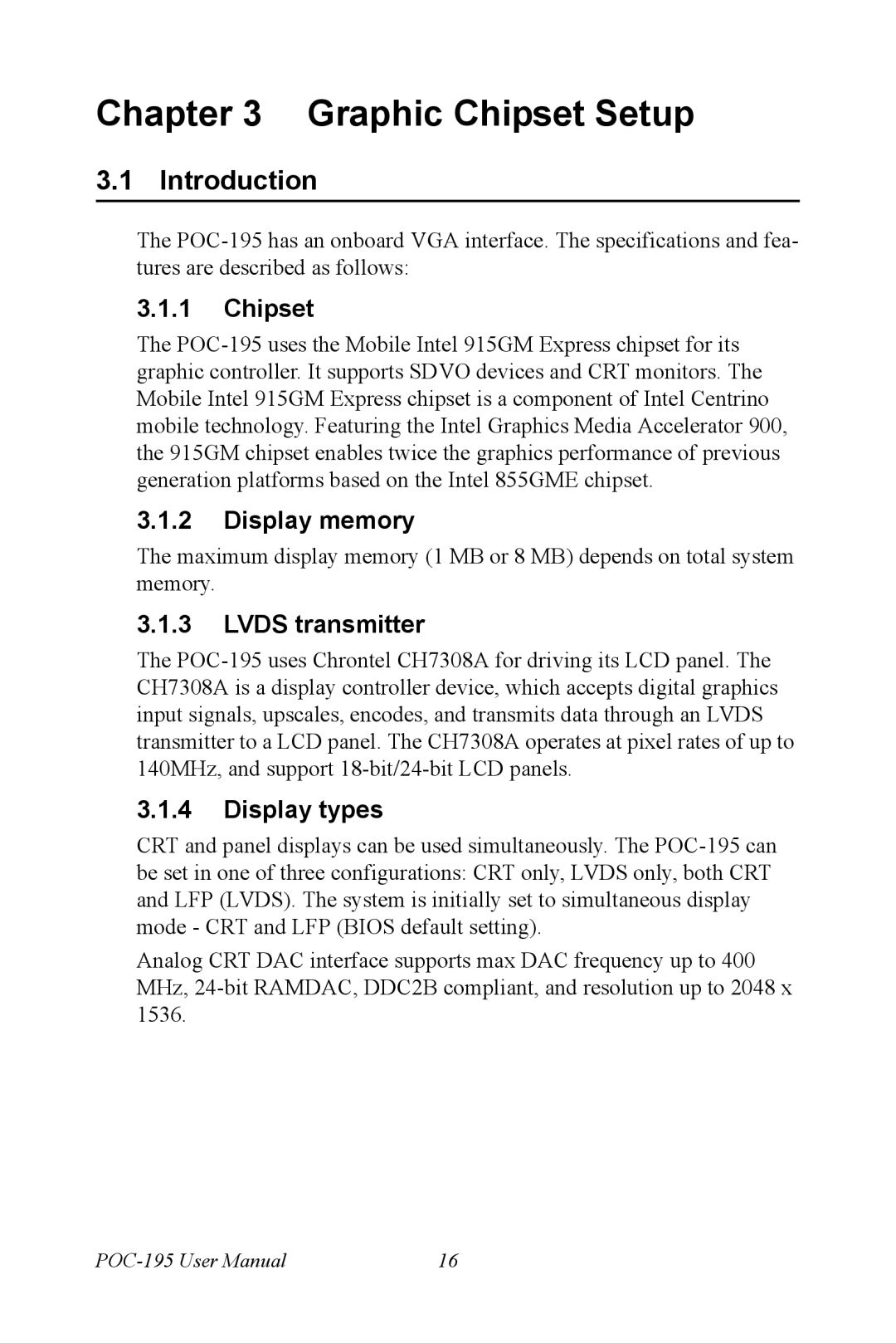 Advantech POC-195 user manual Chipset, Display memory, Lvds transmitter, Display types 
