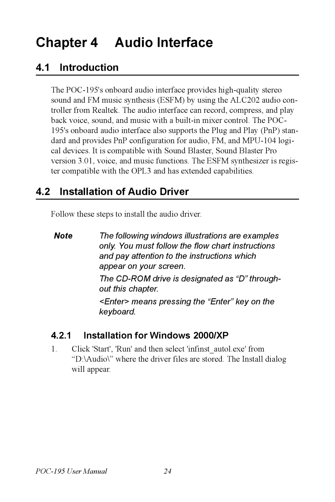 Advantech POC-195 user manual Installation of Audio Driver, Installation for Windows 2000/XP 