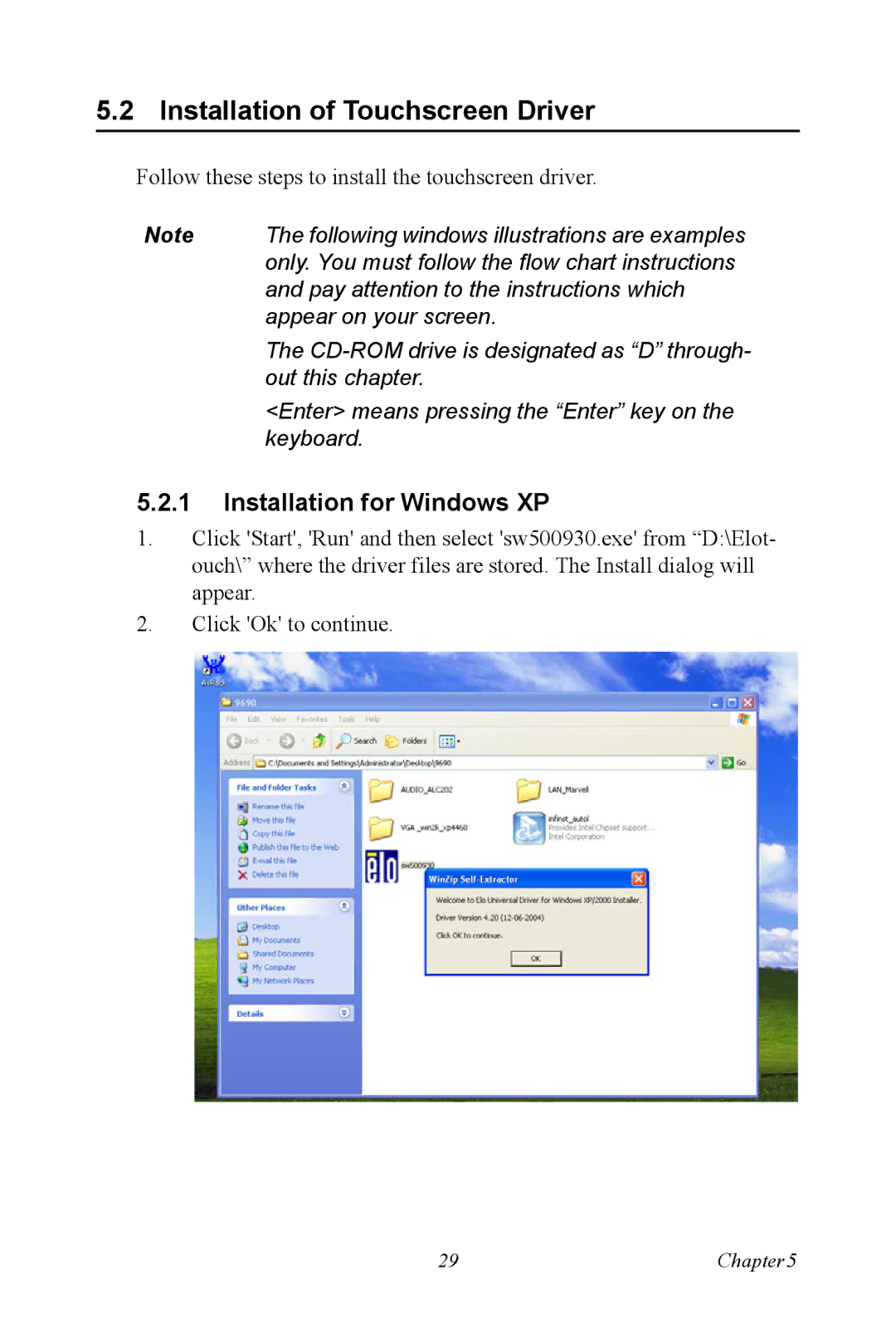 Advantech POC-195 user manual Installation of Touchscreen Driver, Installation for Windows XP 