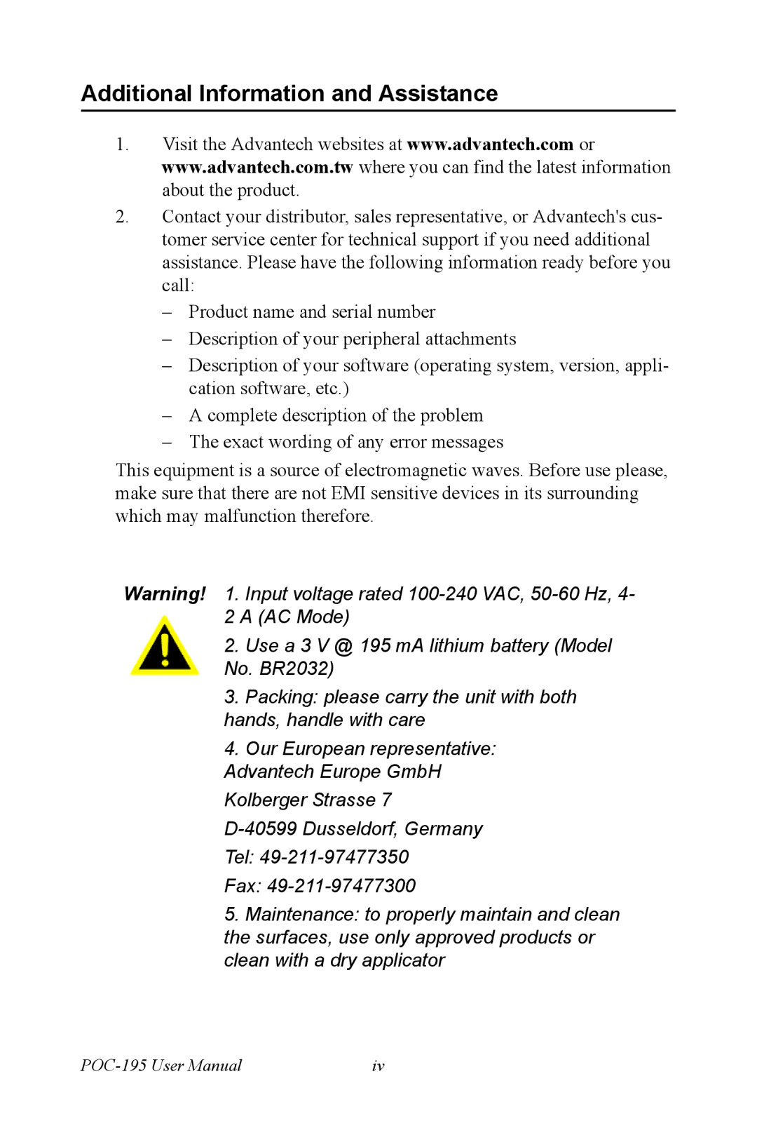 Advantech POC-195 user manual Additional Information and Assistance 