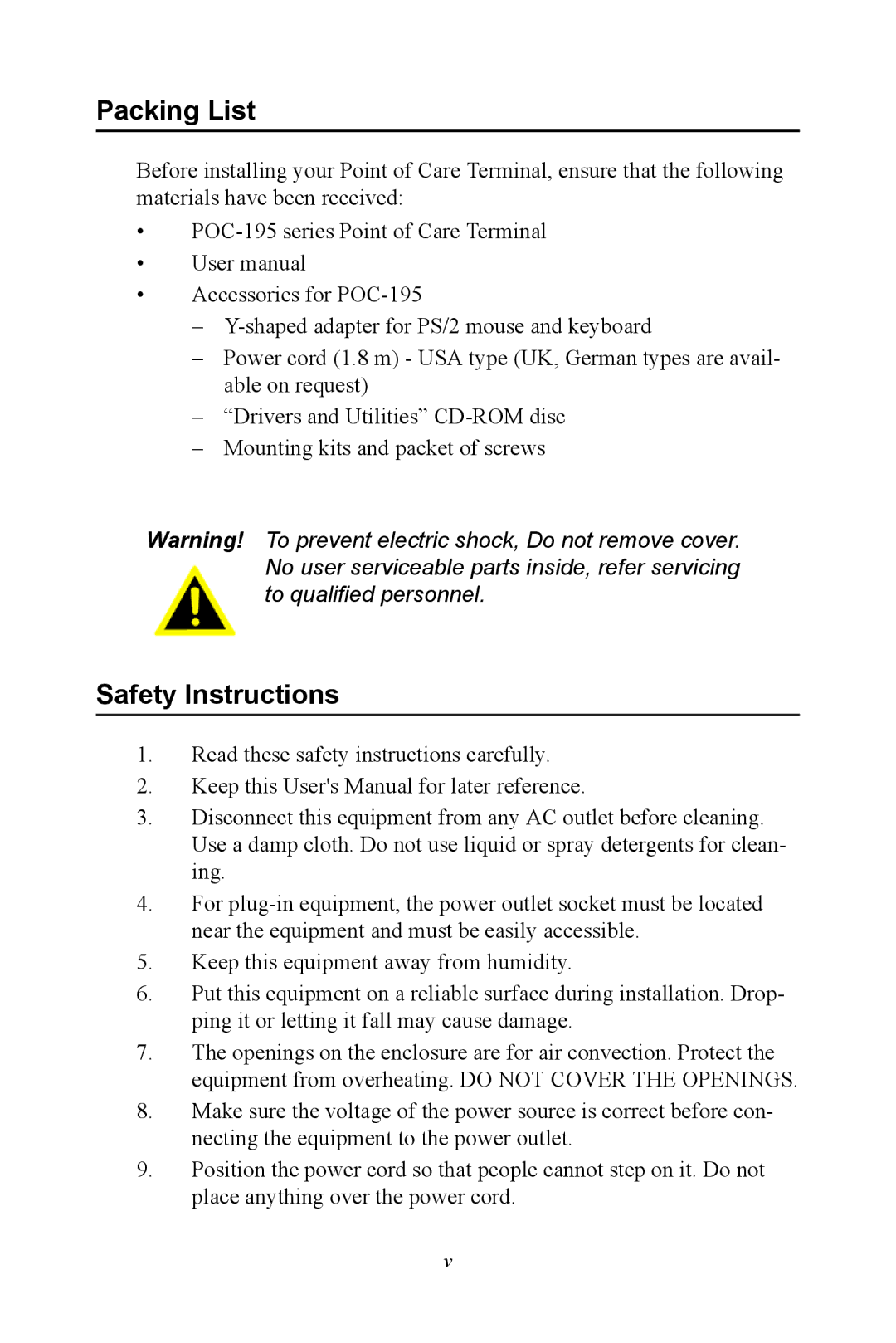 Advantech POC-195 user manual Packing List, Safety Instructions 