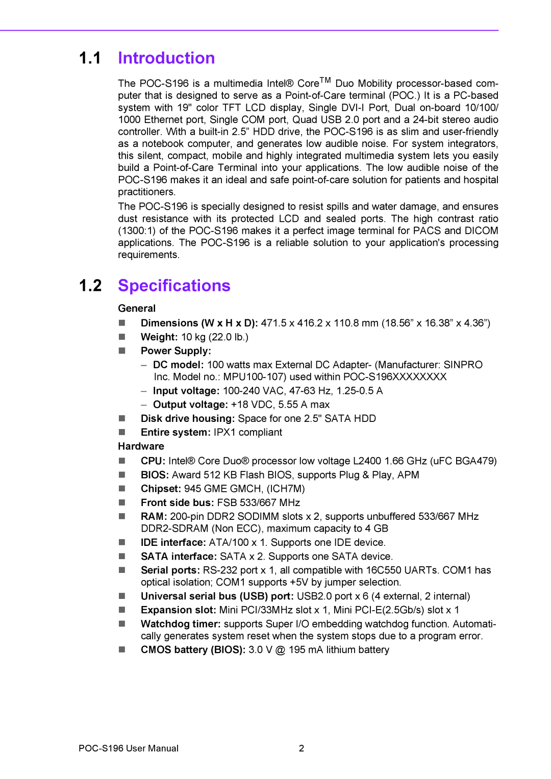 Advantech POC-S196 manual Introduction, Specifications 