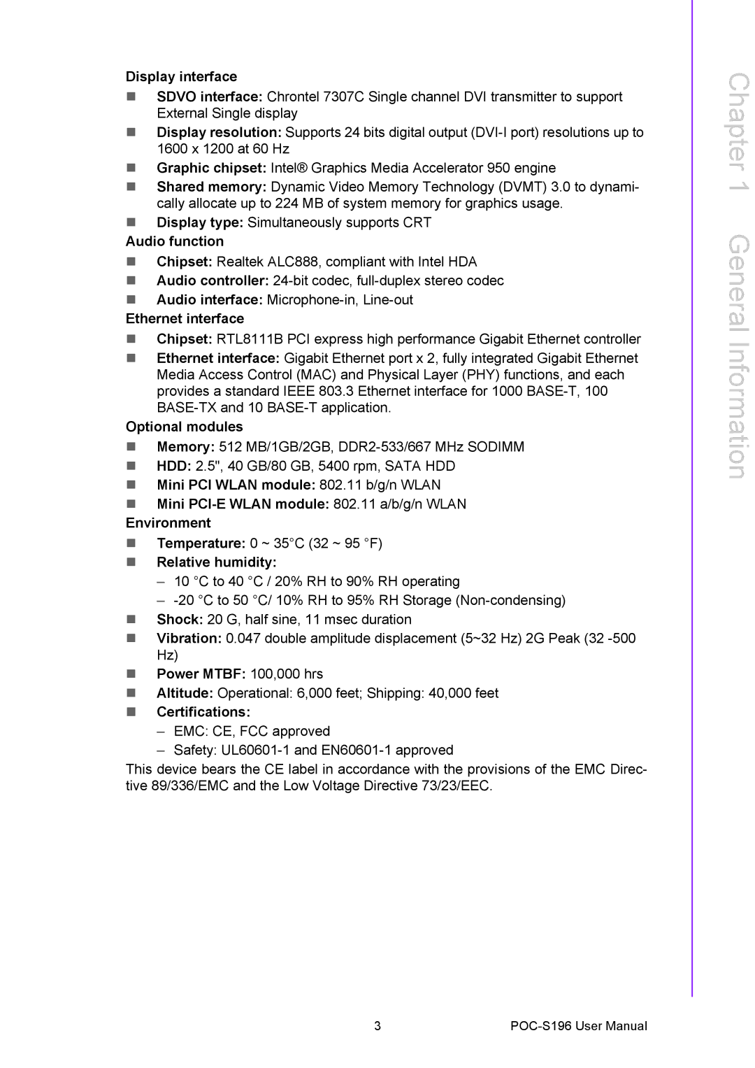 Advantech POC-S196 manual General Information, Display interface 