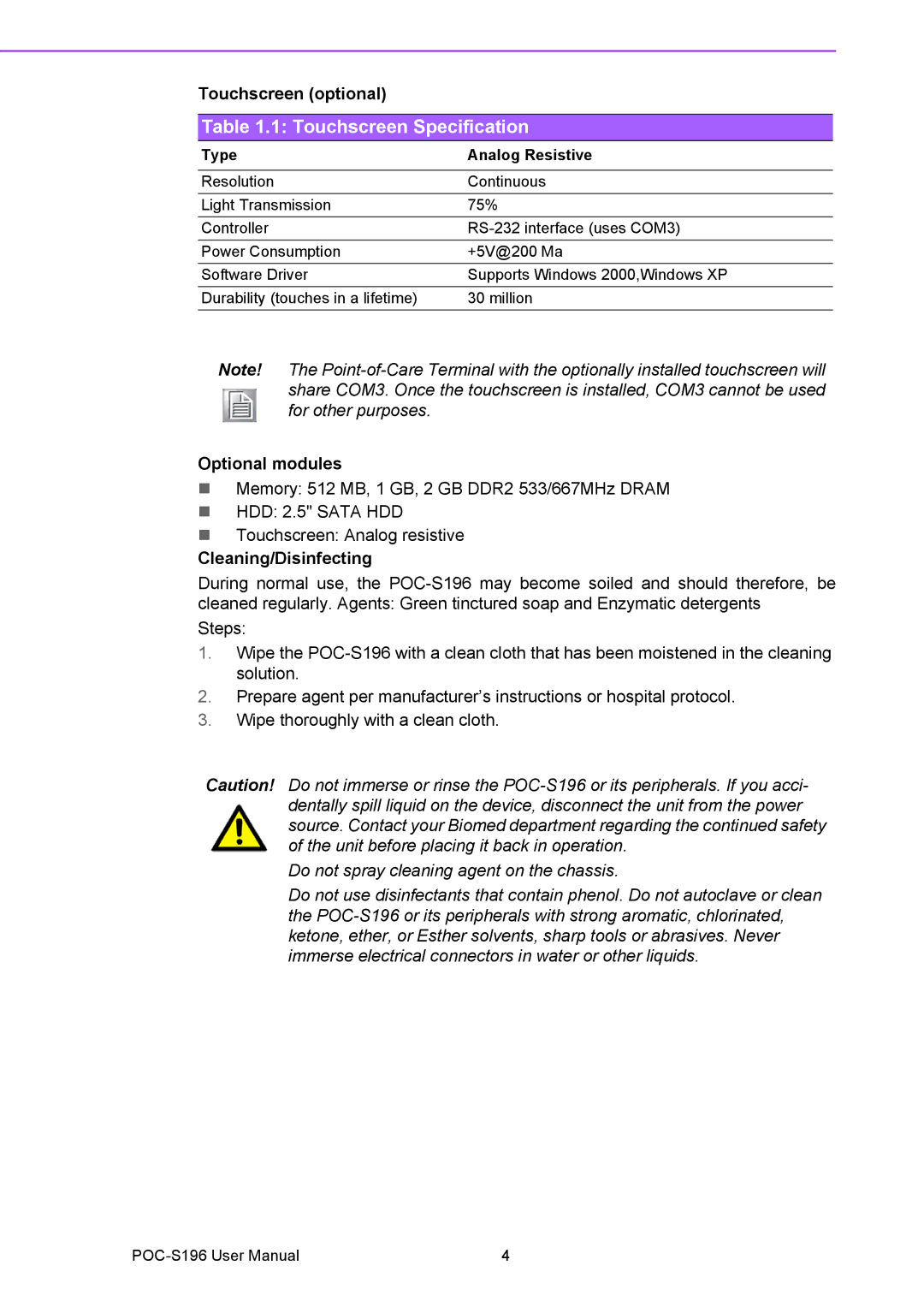 Advantech POC-S196 manual Touchscreen Specification 