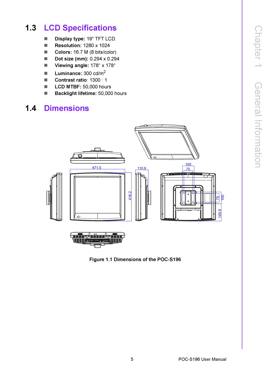 Advantech POC-S196 manual LCD Specifications, Dimensions 