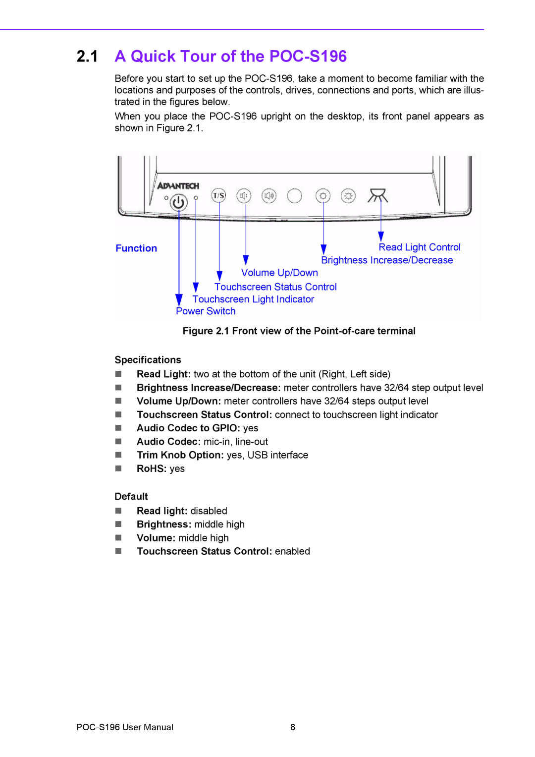 Advantech manual Quick Tour of the POC-S196, Function 