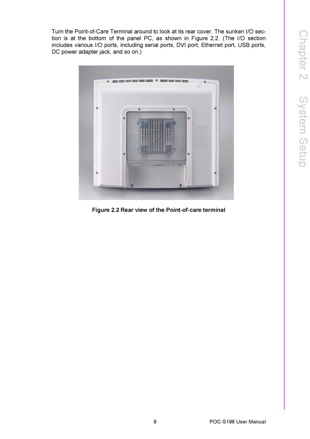 Advantech POC-S196 manual System Setup, Rear view of the Point-of-care terminal 