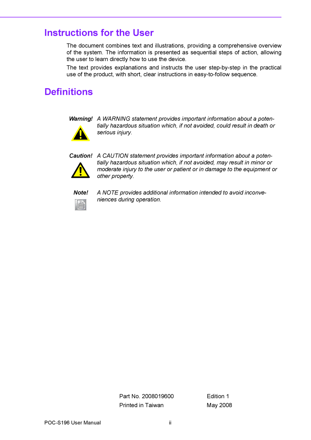 Advantech POC-S196 manual Instructions for the User, Definitions 