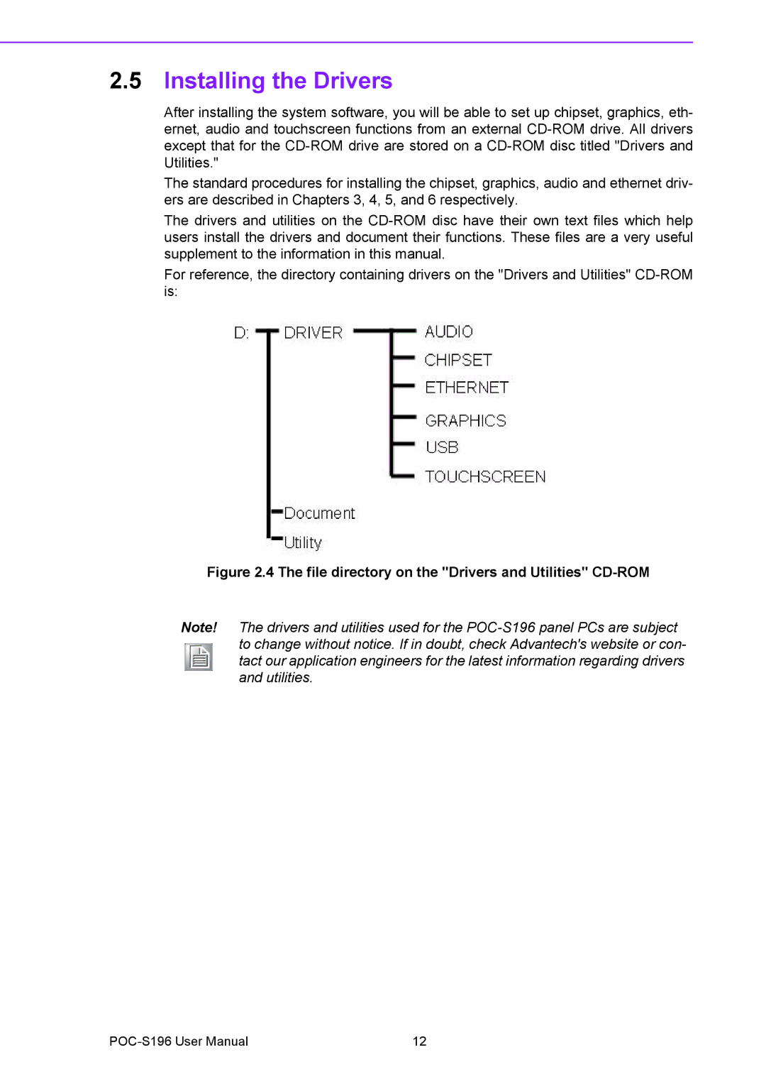 Advantech POC-S196 manual Installing the Drivers, File directory on the Drivers and Utilities CD-ROM 