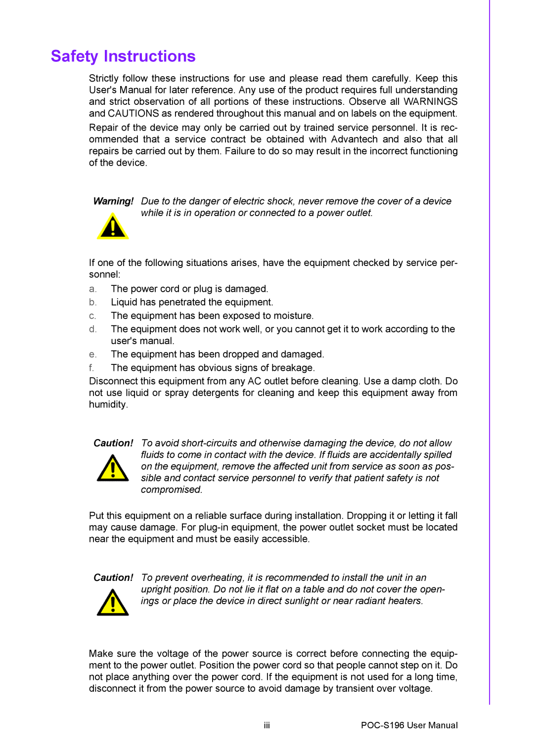 Advantech POC-S196 manual Safety Instructions 