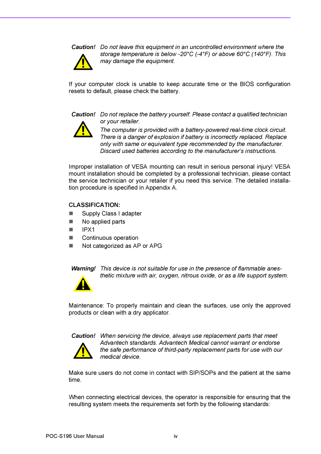 Advantech POC-S196 manual Classification 