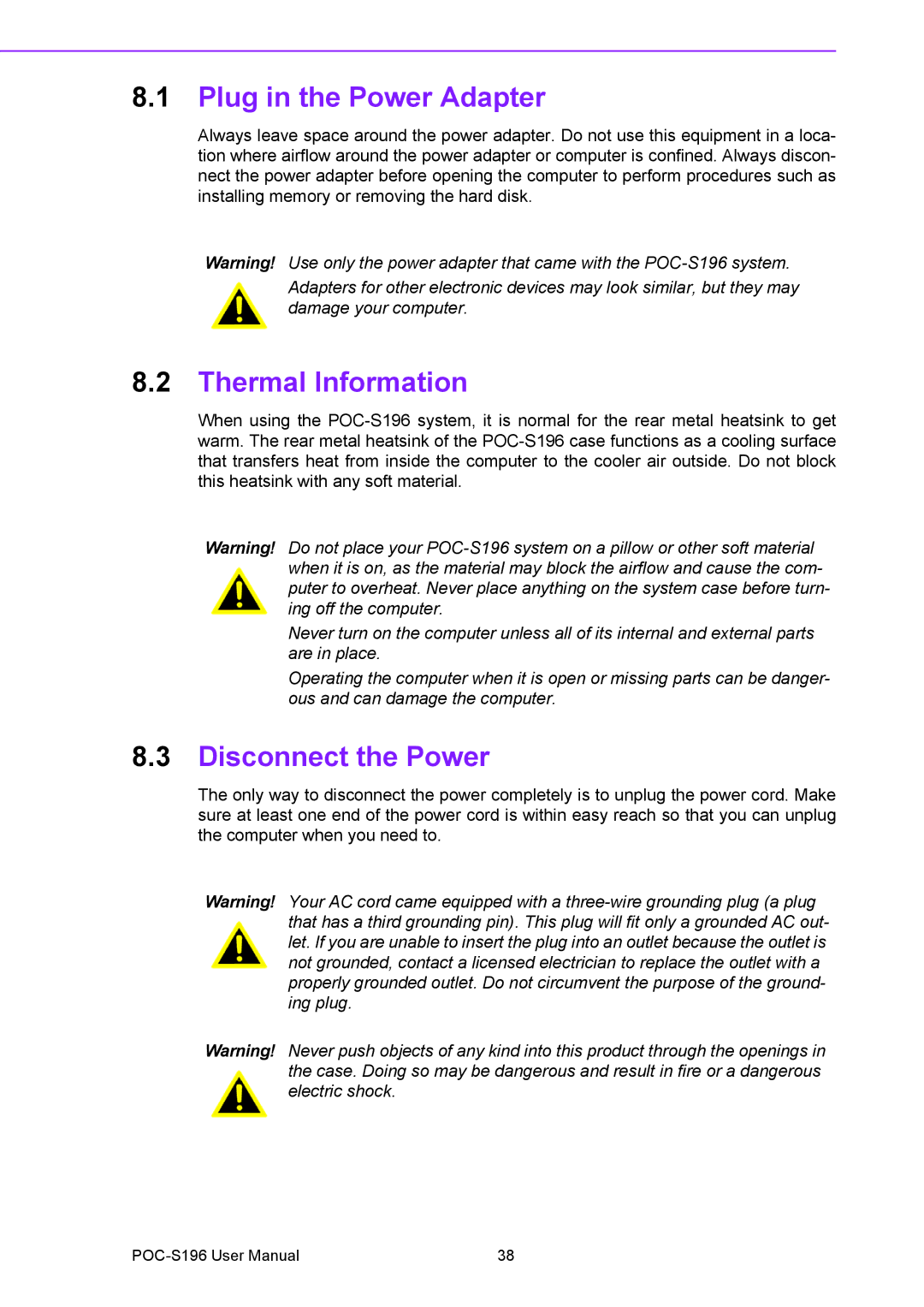 Advantech POC-S196 manual Plug in the Power Adapter, Thermal Information, Disconnect the Power 