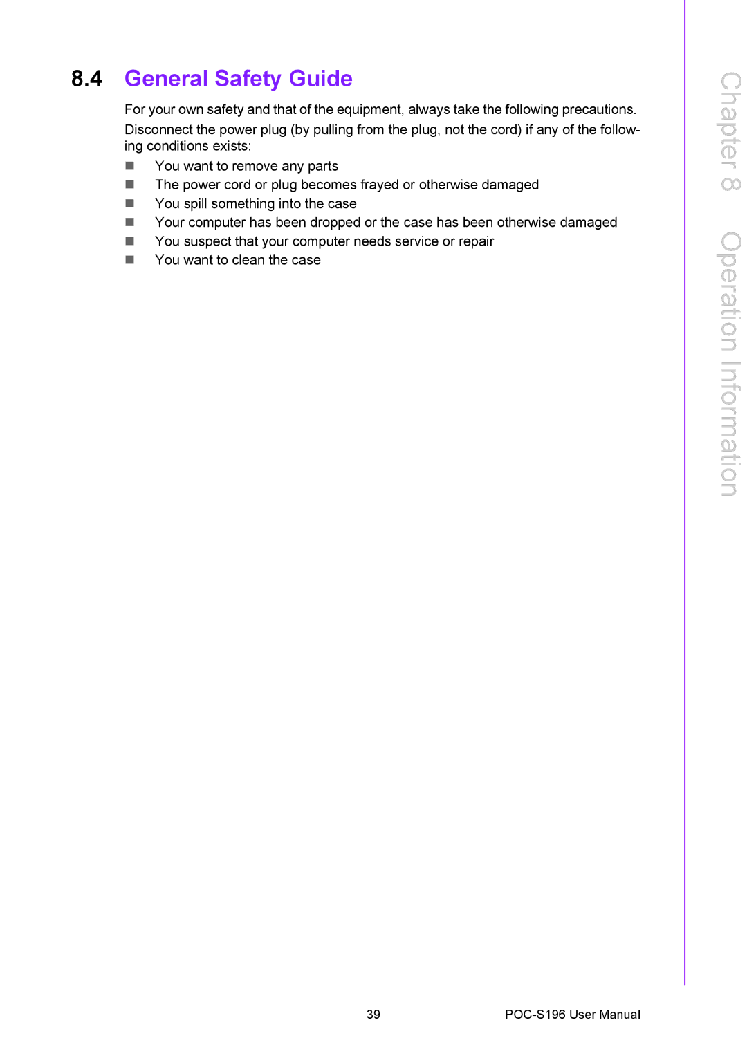 Advantech POC-S196 manual Operation Information, General Safety Guide 