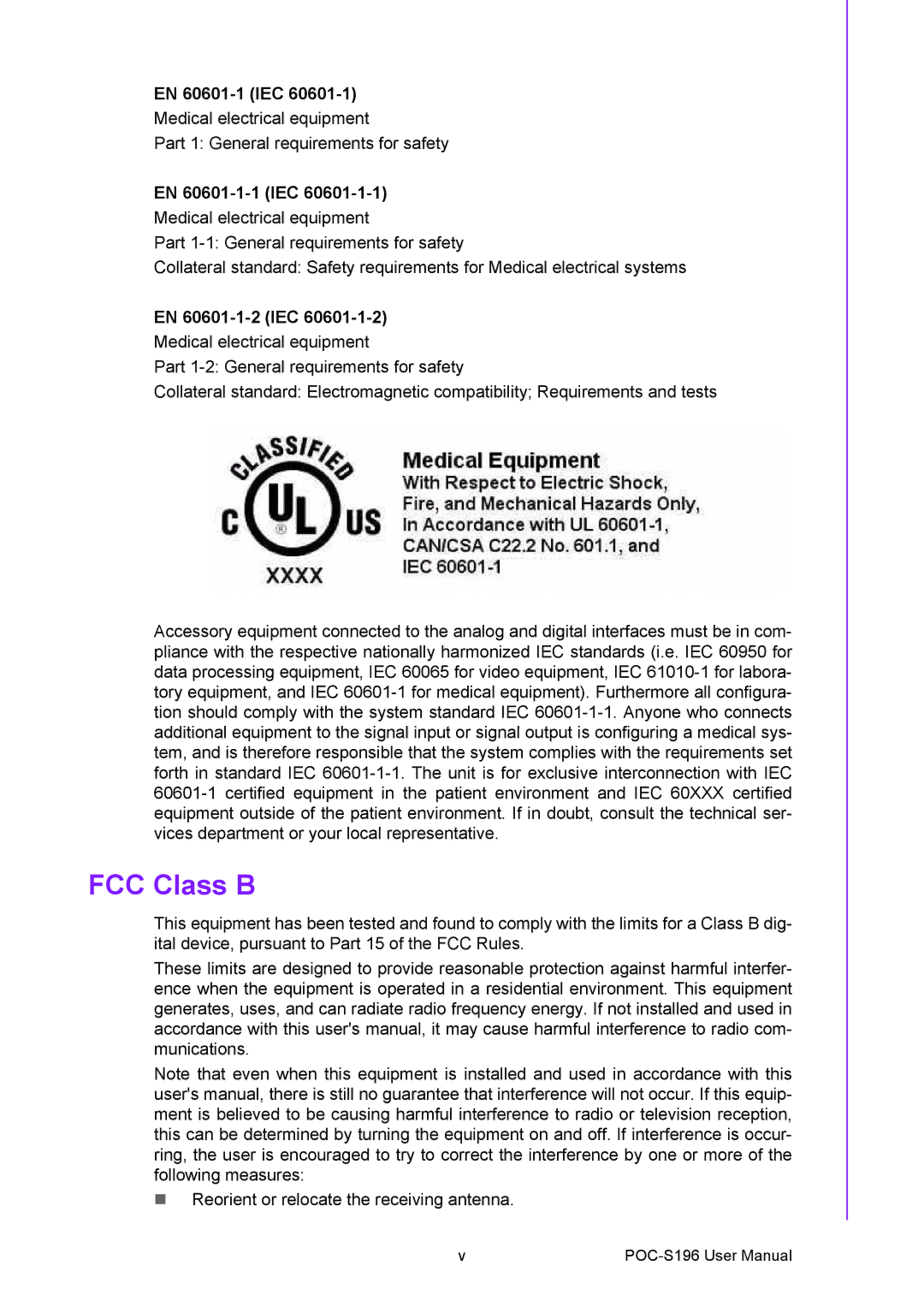 Advantech POC-S196 manual FCC Class B, EN 60601-1-1 IEC 