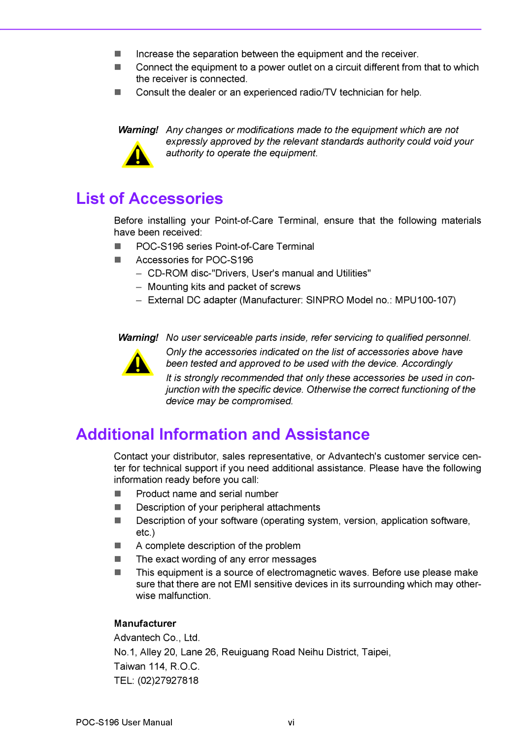 Advantech POC-S196 manual List of Accessories, Additional Information and Assistance 