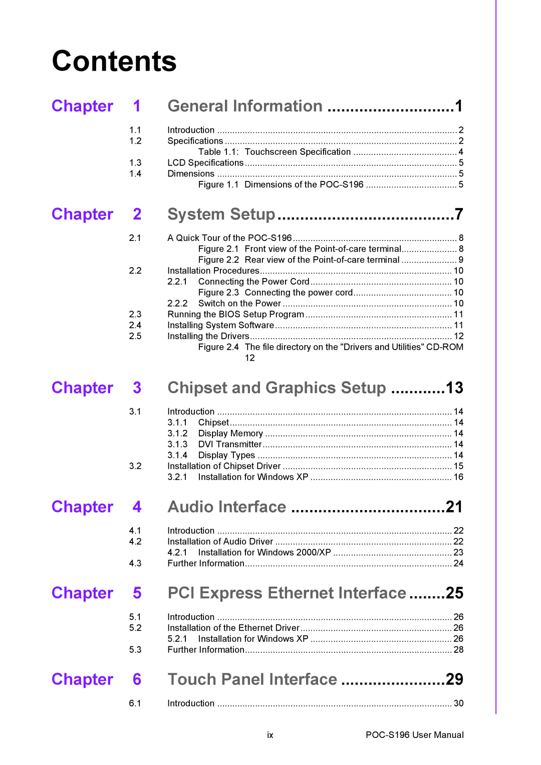 Advantech POC-S196 manual Contents 