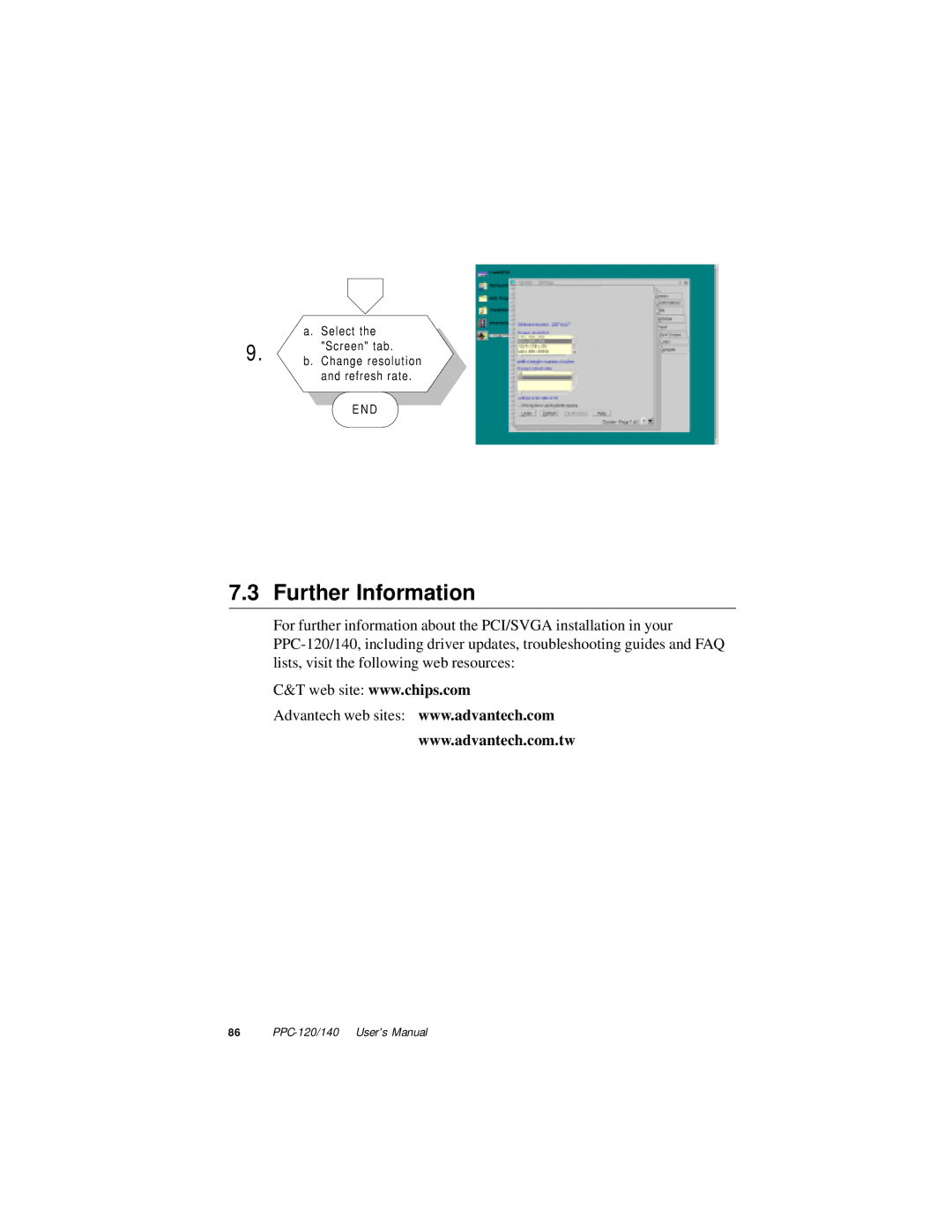 Advantech PPC-140, PPC-120 manual Select the Screen tab Change resolution and refresh rate 