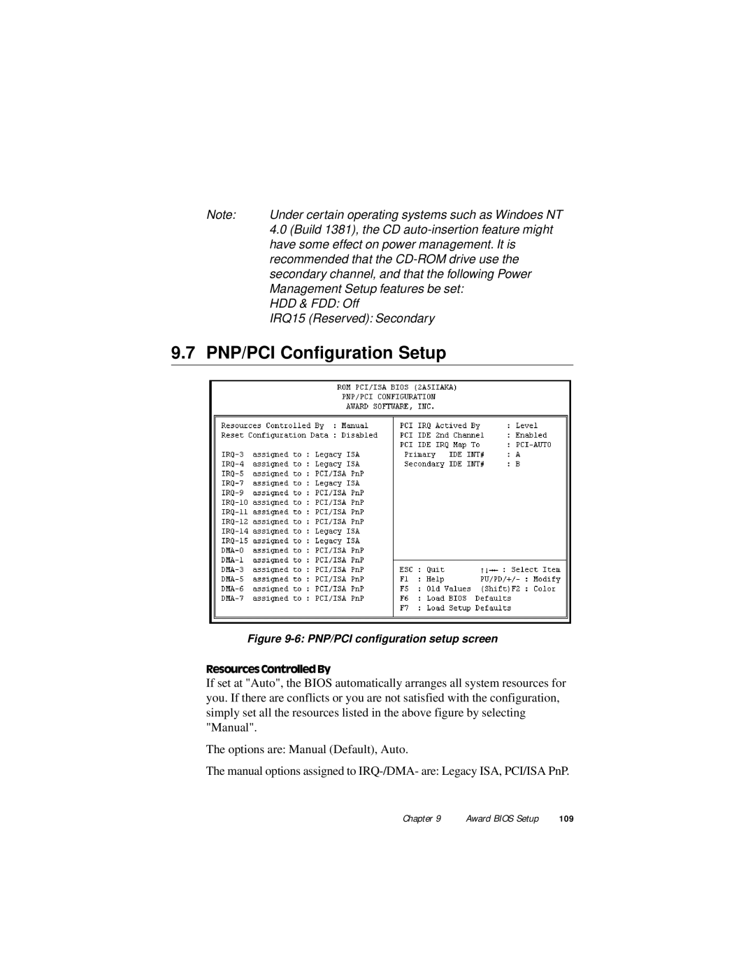 Advantech PPC-120, PPC-140 manual PNP/PCI Configuration Setup, PNP/PCI configuration setup screen 