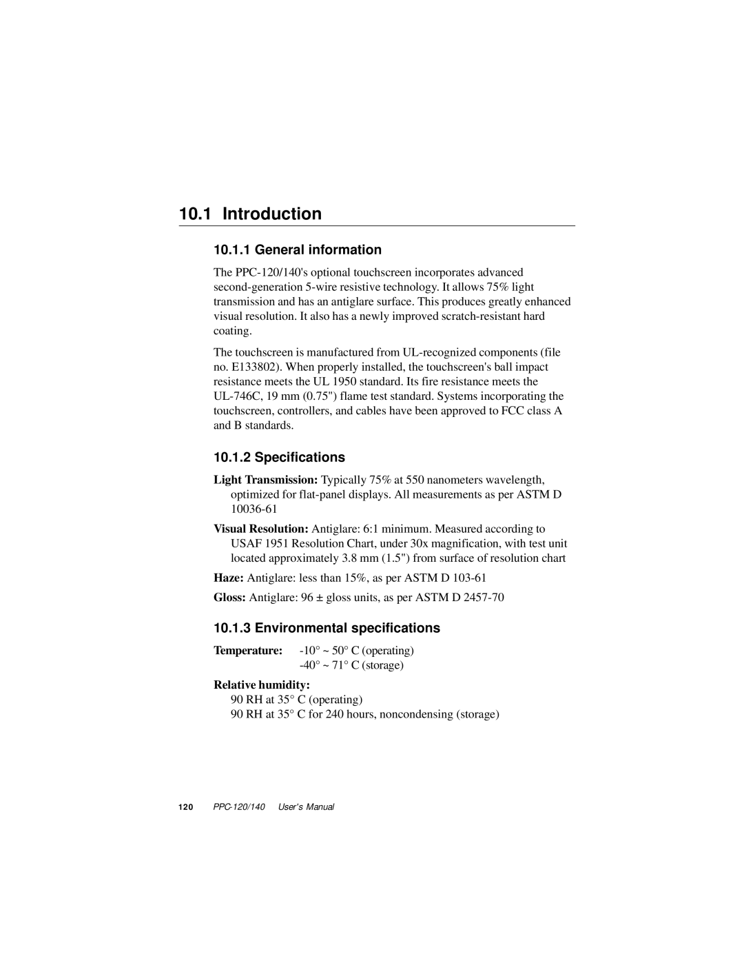 Advantech PPC-140, PPC-120 manual General information, Specifications, Environmental specifications 