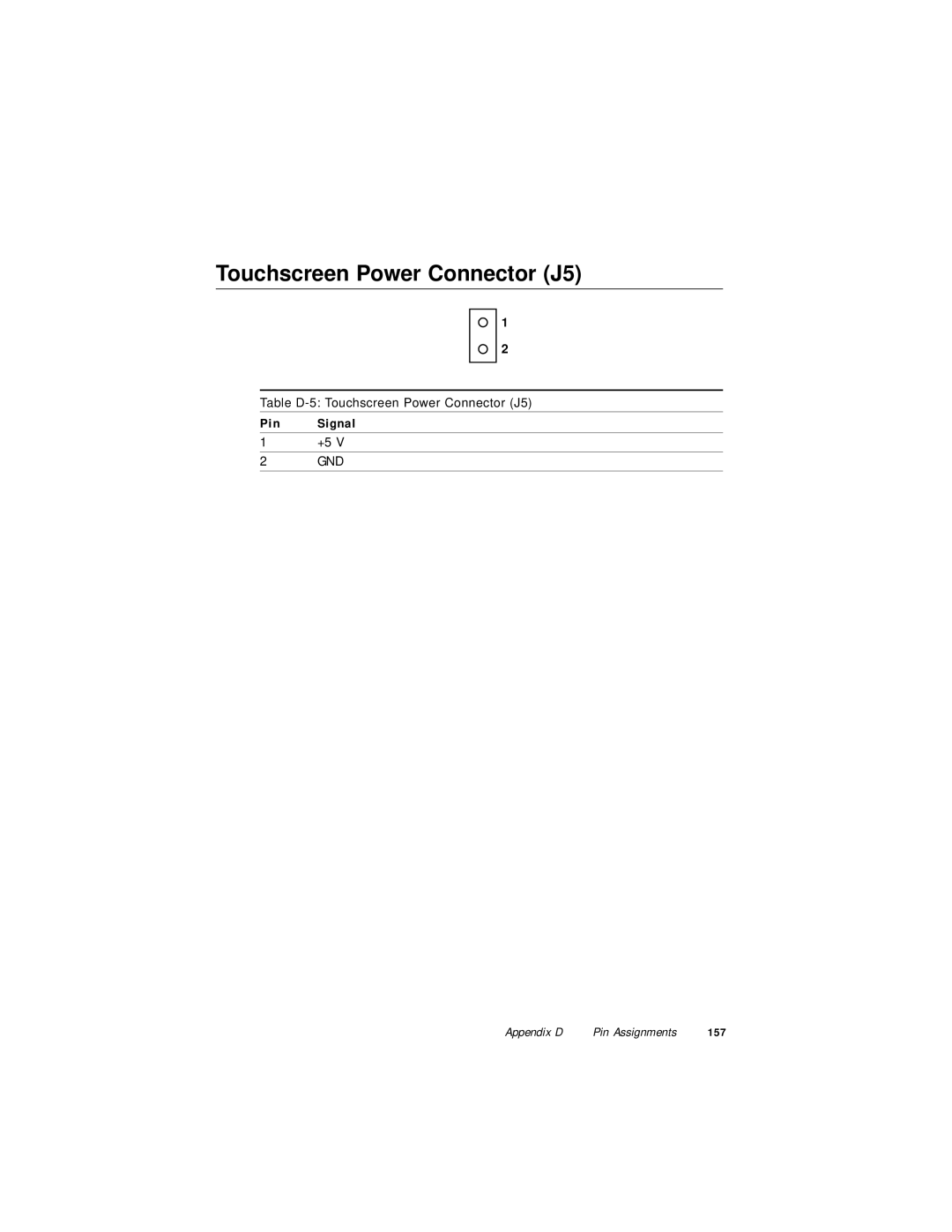 Advantech PPC-120, PPC-140 manual Touchscreen Power Connector J5 