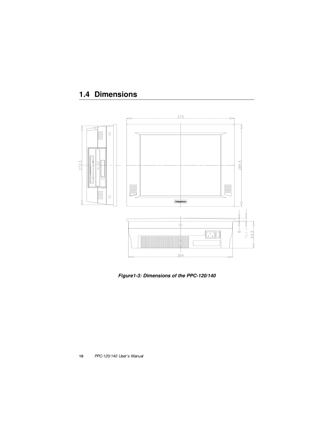 Advantech PPC-140 manual Dimensions of the PPC-120/140 