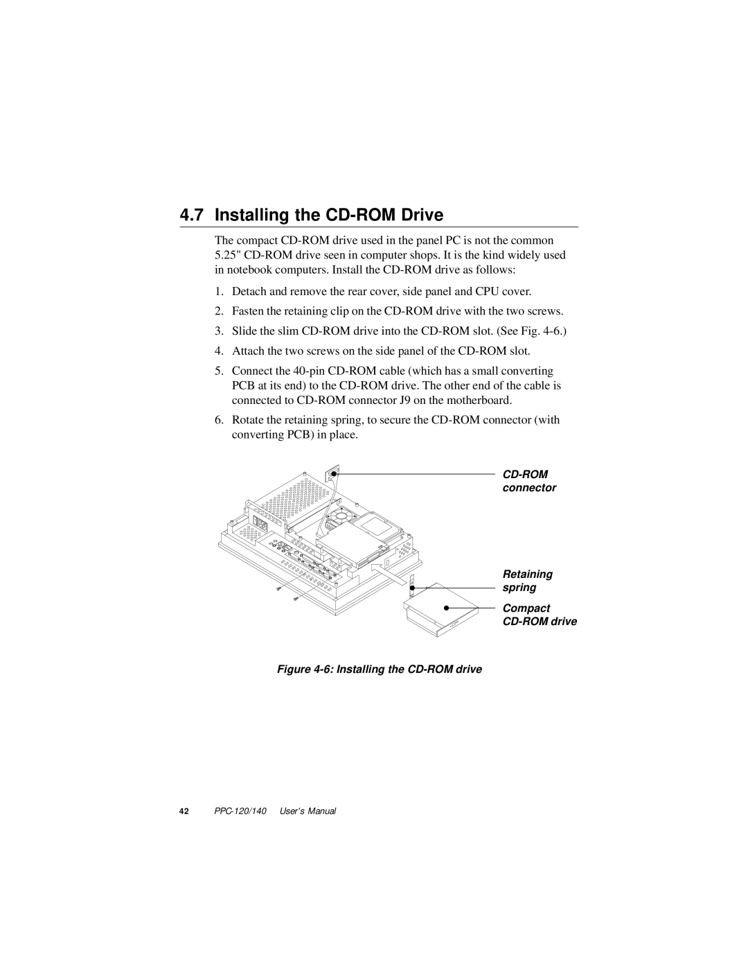 Advantech PPC-140, PPC-120 manual Installing the CD-ROM Drive, Installing the CD-ROM drive 