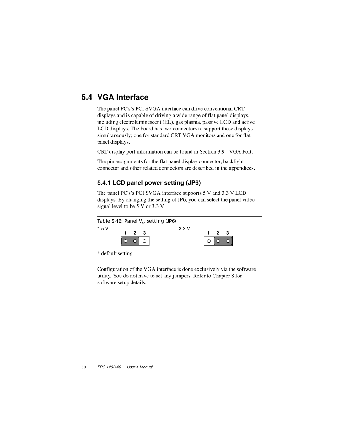 Advantech PPC-140, PPC-120 manual VGA Interface, LCD panel power setting JP6 