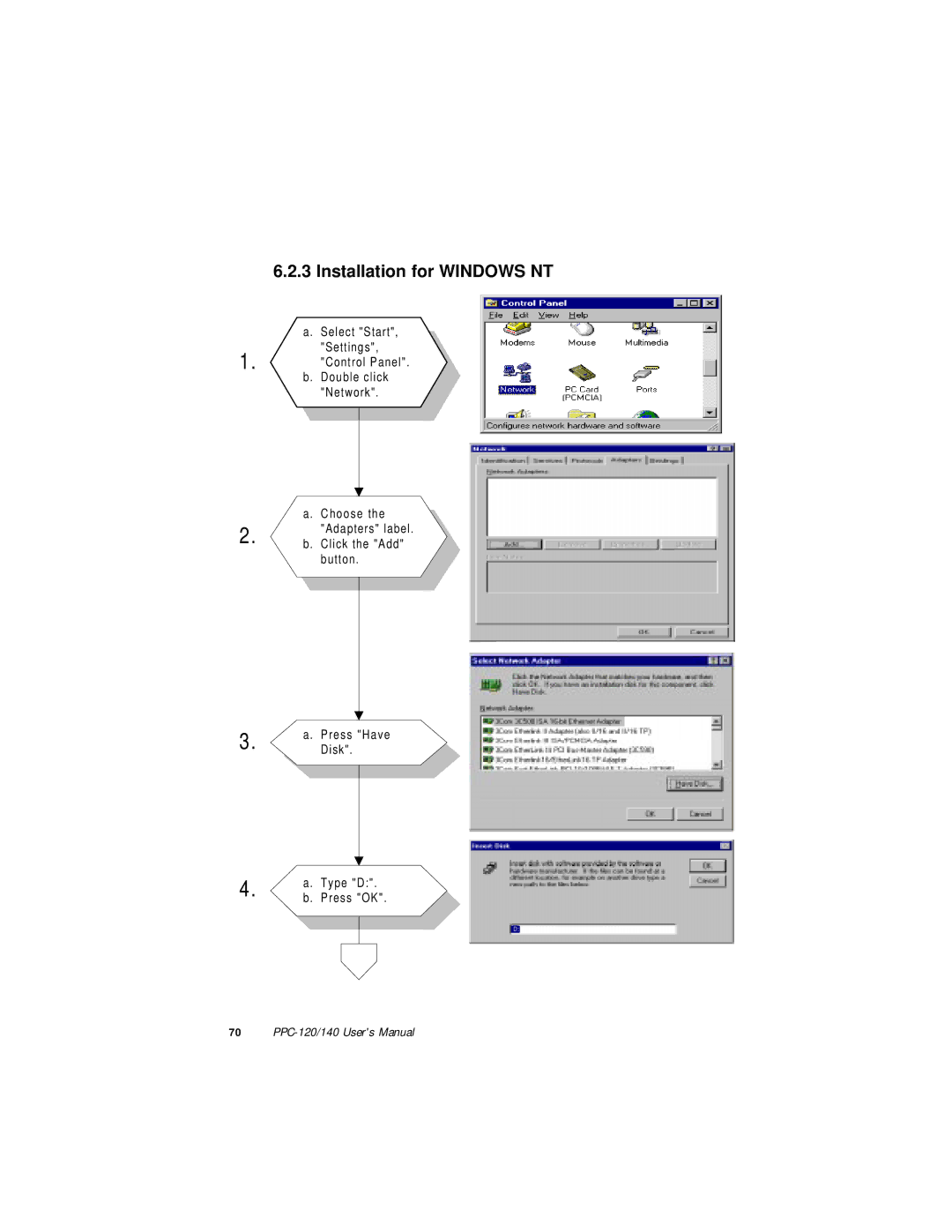 Advantech PPC-140, PPC-120 manual Installation for Windows NT 