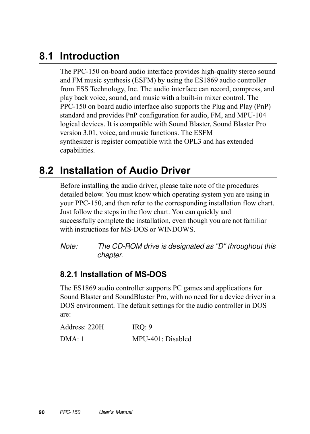 Advantech PPC-150 manual Installation of Audio Driver, Installation of MS-DOS 