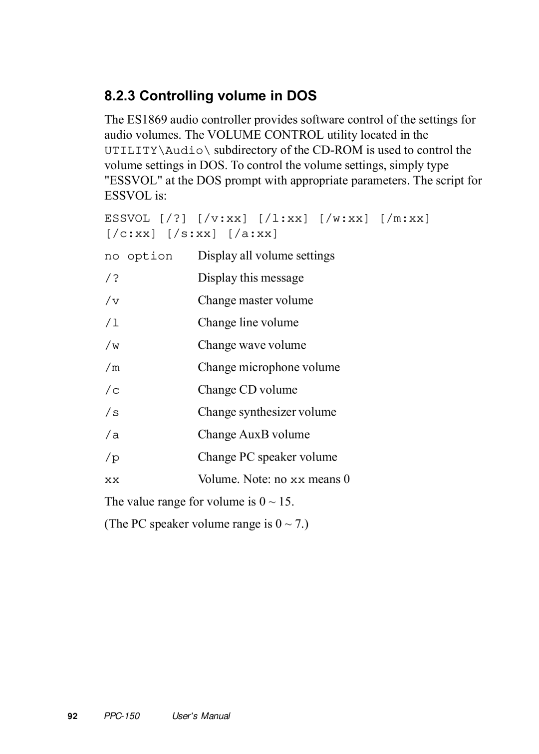 Advantech PPC-150 manual Controlling volume in DOS, Essvol /? /vxx /lxx /wxx /mxx /cxx /sxx /axx No option 