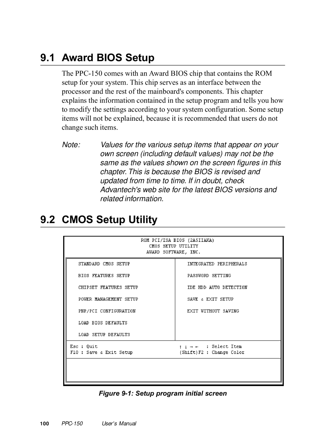 Advantech PPC-150 manual Cmos Setup Utility, Setup program initial screen 