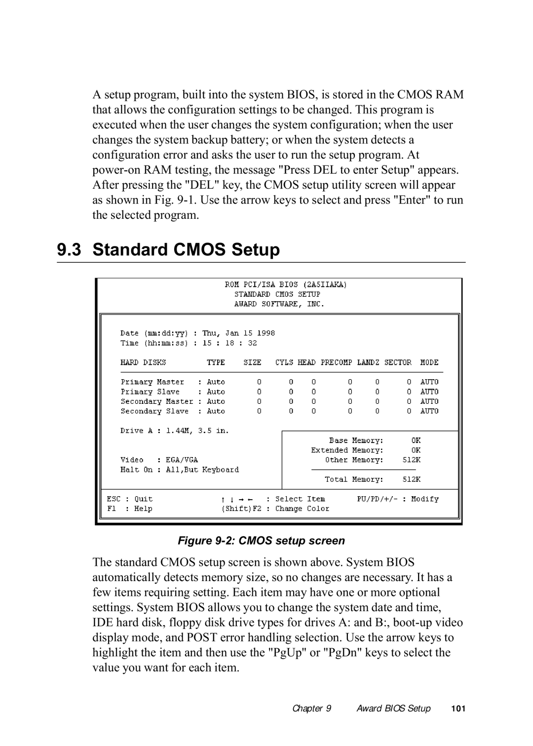 Advantech PPC-150 manual Standard Cmos Setup, Cmos setup screen 