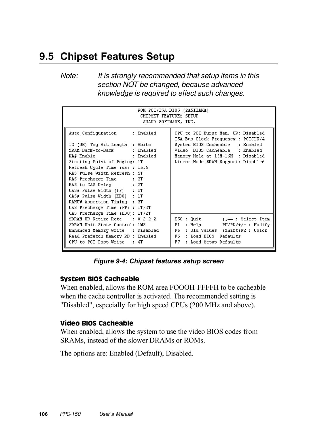 Advantech PPC-150 manual Chipset Features Setup, Knowledge is required to effect such changes 