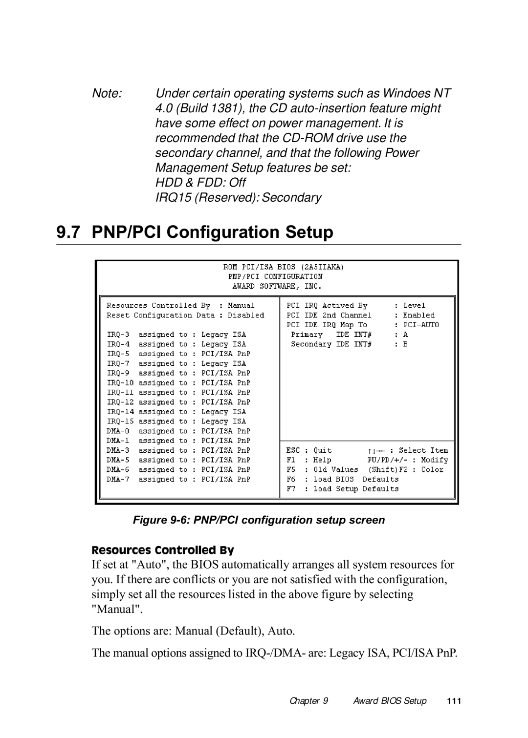 Advantech PPC-150 manual PNP/PCI Configuration Setup, PNP/PCI configuration setup screen 