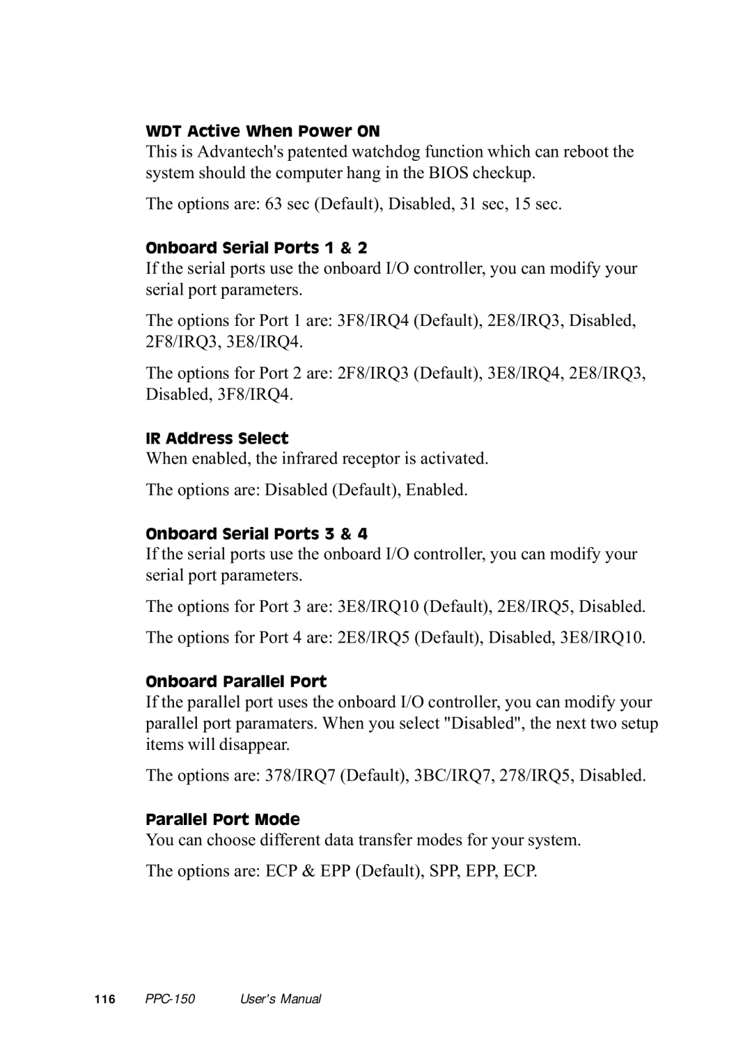 Advantech PPC-150 manual Options are 63 sec Default, Disabled, 31 sec, 15 sec 