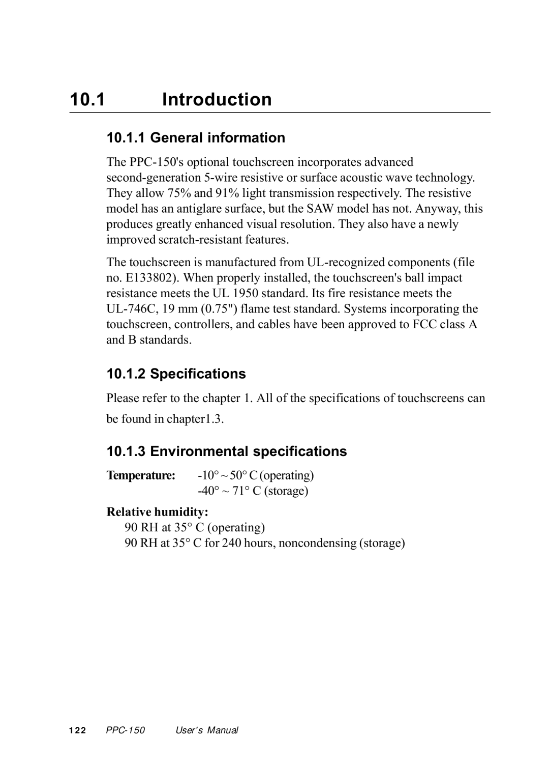 Advantech PPC-150 manual General information, Specifications, Environmental specifications 